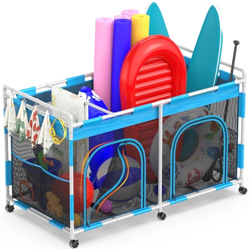 Pool Float Storage Organizer - 288 Gallon XXX-Extra Large Capacity Pool Toy Storage Bin for Noodles, Goggles, Floats & Balls - Outdoor Pool Toy Holder with Mesh Rolling Cart for Swimming Equipments