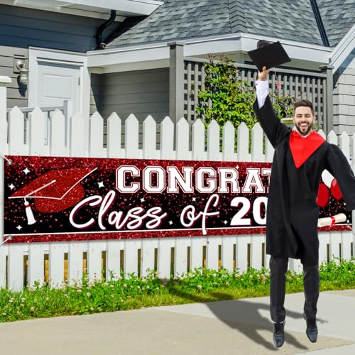 Image of Large Congrats Class of 2026 Banner Red Backdrop Graduation 2026 Yard Sign for Graduation Party Supplies Graduation Decorations 2026(Red)