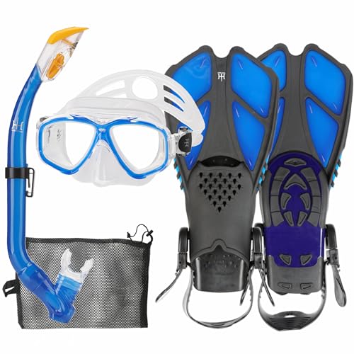 HH HHAO SPORT Kids Snorkel Set with Fins, Snorkel Fins Mask Set for Kids Child Snorkeling Gear with Flippers Anti Leak, Youth Snorkel Fins Set Diving Mask, Junior Snorkel Set Tempered Glass, 4-14 YRS