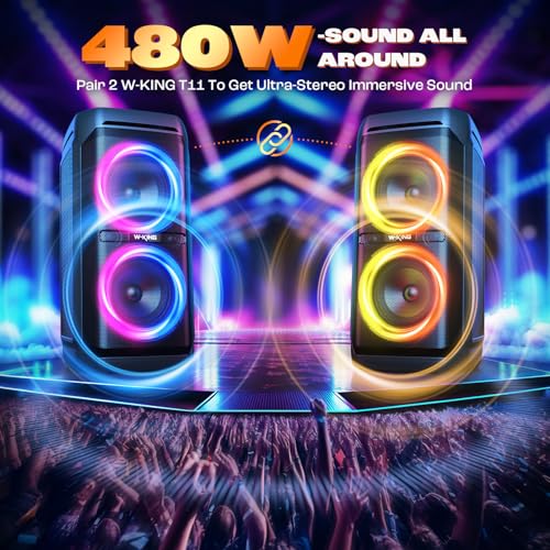 W-KING 240W Bluetooth Speaker, Loud Boombox with Deep Bass Subwoofers, IPX6 Waterproof, Party Portable Speaker with RGB Lights, 24H Playtime, Mic & Guitar Input, Echo, EQ, TF,AUX for Outdoor&Backyard