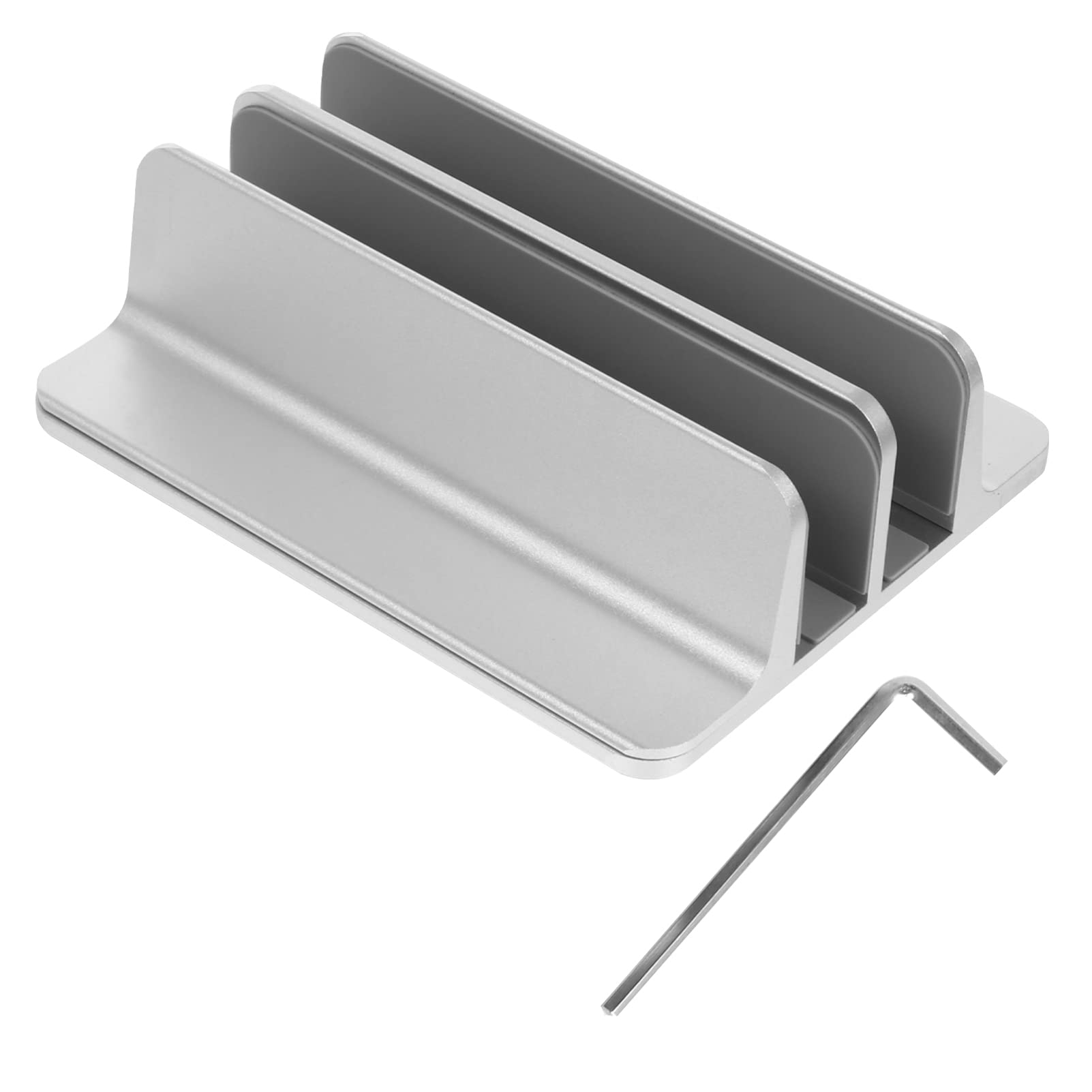 Soporte Vertical para Portátil de Doble Ranura en Aleación de Aluminio | Plata, Estable y Antiarañazos, Diseño de Escritorio para Tabletas, Base Compacta de Almacenamiento