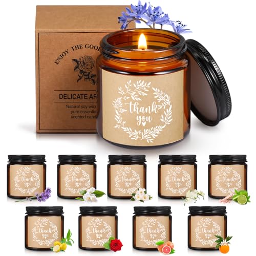 Coume 10 Pcs Thank You Candles Bulk Soy Wax Scented Glass Jar Candles 3.5 oz Employee Appreciation Gifts for Women Secretaries Boss Staff Team Bridal Shower Hostess, 10 Fragrance(Classic Scent)