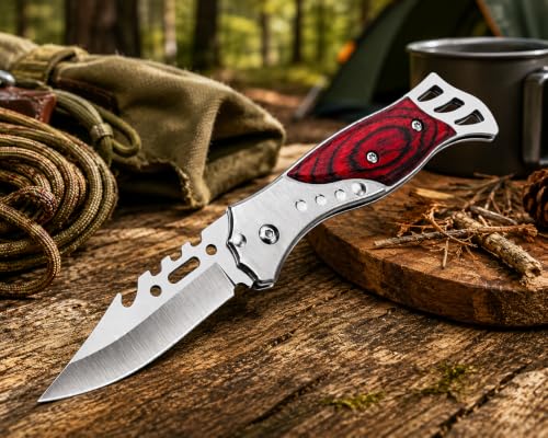 Image of Folding Utility Knife with Stainless Steel Blade & Wooden Handle, Compact Manual Pocket Tool for Carton Opening, Packaging, DIY, Household, Kitchen & Office Tasks