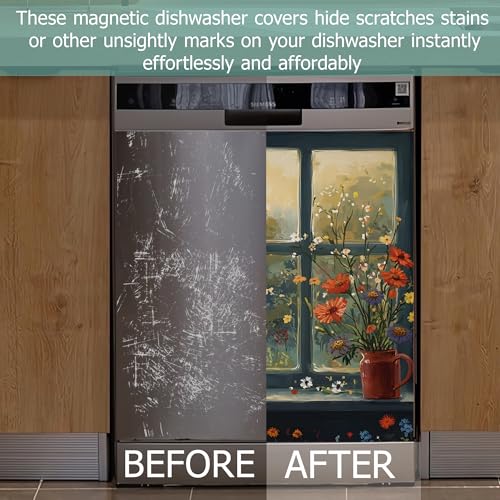 Image of Black Cat Dishwasher Magnets Decorative Cover,Vintage Flowers Waterproof Magnetic Dishwasher Cover Panel,Refrigerator Magnet Cover for Kitchen Home Decor 23x26 Inch