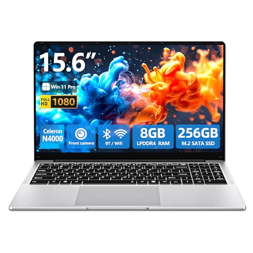 15.6 inch Laptop, Gaming Laptop N4000 Processor, Laptop Computer with 8GB LPDDR4 256GB SSD, Silver Traditional Laptop Computers for Work & Study, 180° Angle Open, Dual-Band WiFi, Long Battery Life