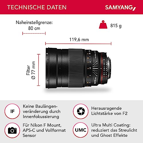 Samyang 7492 135mm F2.0 für Nikon F – Vollformat und APS-C Teleobjektiv Festbrennweite für Nikon F Kameras, manueller Fokus, für Nikon D6, D5, D780, D850, D3500, D5600, D7500, D500 – Bild 3