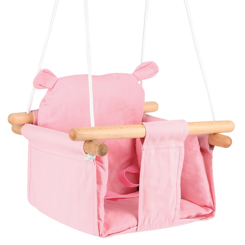 Columpio de Madera para Bebé, Columpio para Niños Osos, a partir de 6 Meses, Instalación Interior/Exterior, Carga Max 25 kg (Rosa)