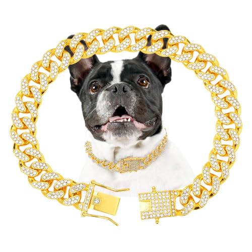 Gold Dog Chain Diamond Gold Chain Dog Collar Walking Metal with Design Secure Buckle Pet Collar Jewelry Accessories Necklace for Small Medium Large Cats 10 Inch
