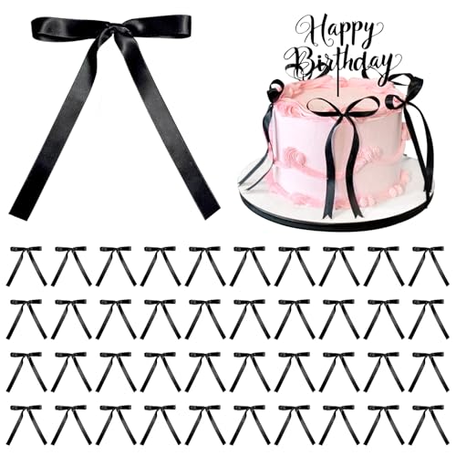 Wanheart 40 decoraciones negras para tartas, lazos para decoración de tartas para niños, niñas, mujeres, decoración de lazo negro para cumpleaños, baby shower, boda, suministros de fiesta