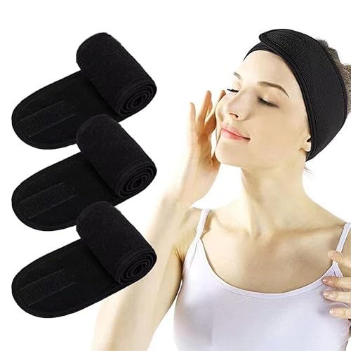 Diadema facial de spa para el cuidado de la piel para mujeres, diadema de tela, toalla ajustable, banda para el cabello negro, para lavar la cara,