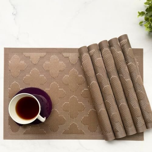 Image of Livmodern Premium PVC Dining Table Mats | Woven PVC Brown placemats| Anti Skid | Wipeable & Washable Set of 6- Bronze Clover