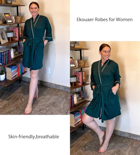 Image of Ekouaer Women Kimono Robes Knee Length Knit Bathrobe Lightweight Soft Sleepwear V-neck Casual Ladies Loungewear