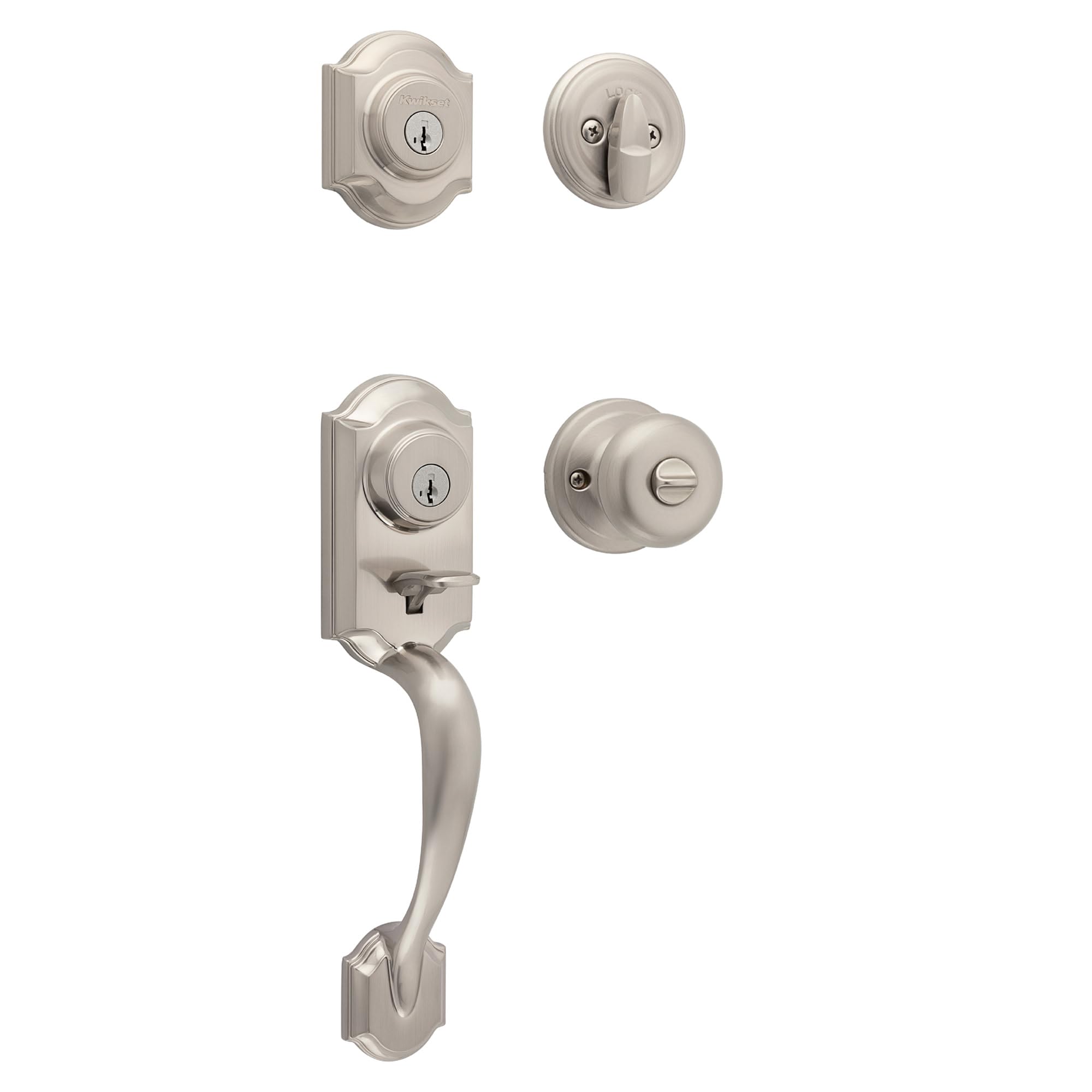 Kwikset Montara Front Door Lock Handle and Deadbolt Set, Entry Handleset Exterior with Interior Door Knob, Satin Nickel, Pick Resistant SmartKey Rekey Deadbolt Security