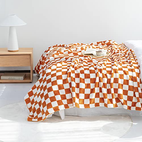 LOMAO Throw Blankets Flannel Blanket with Checkerboard Grid Pattern Soft Throw Blanket for Couch, Bed, Sofa Luxurious Warm and Cozy for All Seasons (Orange, 90"x90")