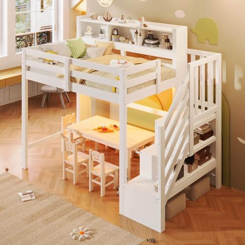 Kebnor Cama alta con luces LED, gran espacio de almacenamiento debajo de la cama, escalera, compartimento de almacenamiento abierto, sin colchón, color blanco y natural (blanco 90 x 200 cm)