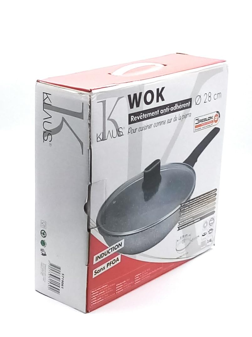 Stufe Wok in pietra con coperchio di alta qualità anti-aderente compatibile con tutti i fuochi 100% induzione adatta al forno grazie al manico rimovibile Ø 28 cm grigio maculato
