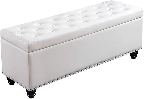 WHOJA - Reposapiés de almacenamiento plegable otomano con bisagras y asiento tapizado en PU para dormitorio, salón, balcón, otomanos (color blanco,