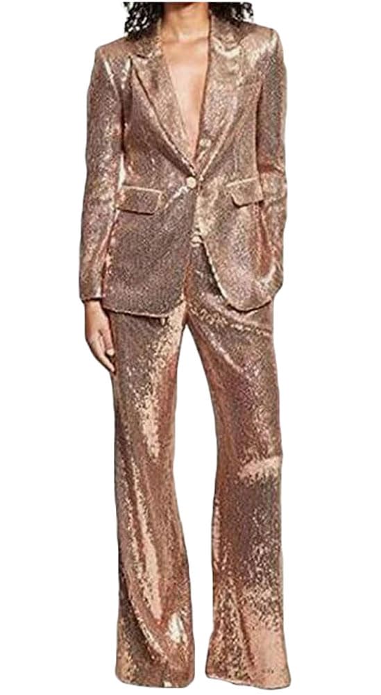 Botong Women's Champagne Sequined Fashion Suit Set One Button 2 Piece Wedding Tuxedos Blazer Pants Prom Party Outfit, Large