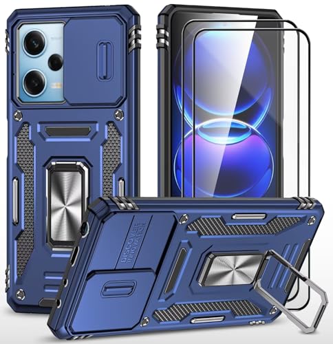 CLYDITE para Funda Redmi Note 12 Pro 5G/Poco X5 Pro 5G Carcasa Silicona Azul con Cristal Templado [2 Piezas] Cubierta de cámara Deslizante TPU 360 Grados Anillo Giratorio Soporte Coche