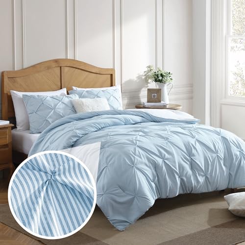 Image of Swift Home Full /Queen Pinstripe Chambray Blue Comforter Set - Classic Pintuck Bedding Set - 3 Pieces Bed Linen, 1 Comforter and 2 Pillow Shams