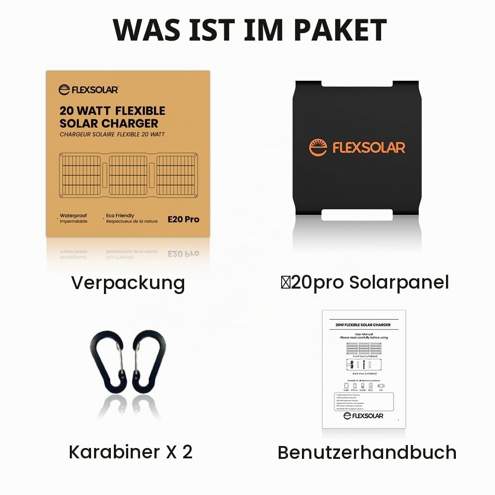FlexSolar Solarmodul-Ladegerät, 20 W, 5 V, USB-A, USB-C-Ausgang, tragbar, faltbar, kleine Leistung, IP67, wasserdicht, Camping, Rucksackreisen, Wandern, Notfall für Handys, Powerbanks,
