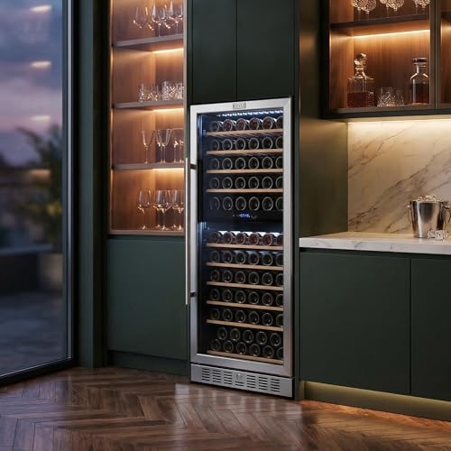 Image of Empava 24 inch Dual Zone Wine Cooler Refrigerator with Reversible Glass Door, Freestanding or Built In Tall Fridge with LED Light, Touch Control, 119 Bottles Capacity