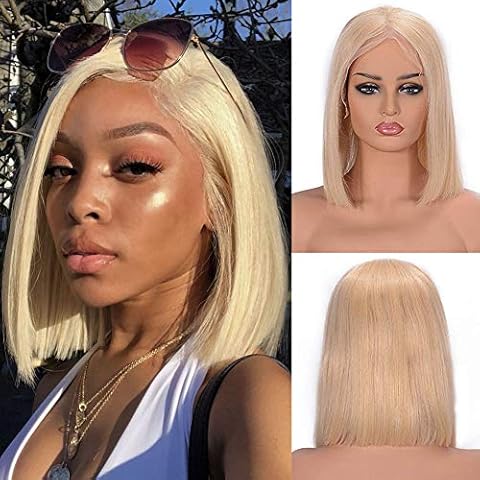 SeraphicWig 10 inch #613 Light Blonde Free Part Silky Straight Blunt Cut Wig Brazilian Remy Human Hair 13 * 1 * 5 Inch Lace Front Wigs For White Male 130% Density Cover