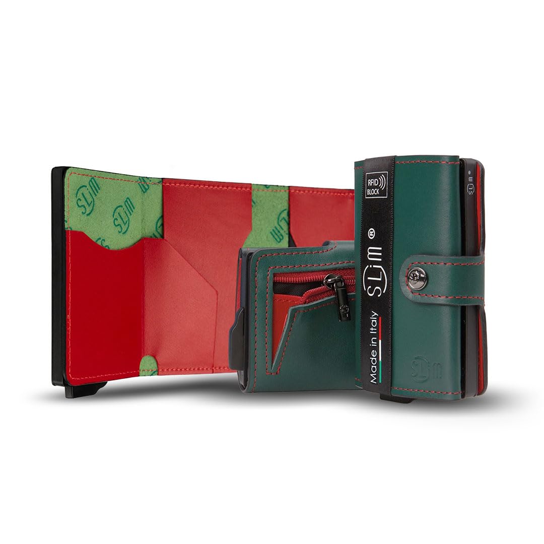 SLim Porta Carte di Credito Schermato Portafoglio Uomo Rfid Portatessere Anticlonazione Donna Portacarte Uomo (Verde e Rosso, Con Zip)