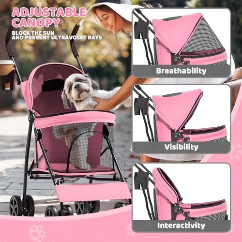 Image of Magshion Compact Fold Pet Travel Stroller for Small Dogs Cats, Pink | Up to 22lbs, 4-Wheel Lightweight Umbrella Shaped Design, Safety Tethers, Breathable Mesh, Cup Holder & Rear Storage