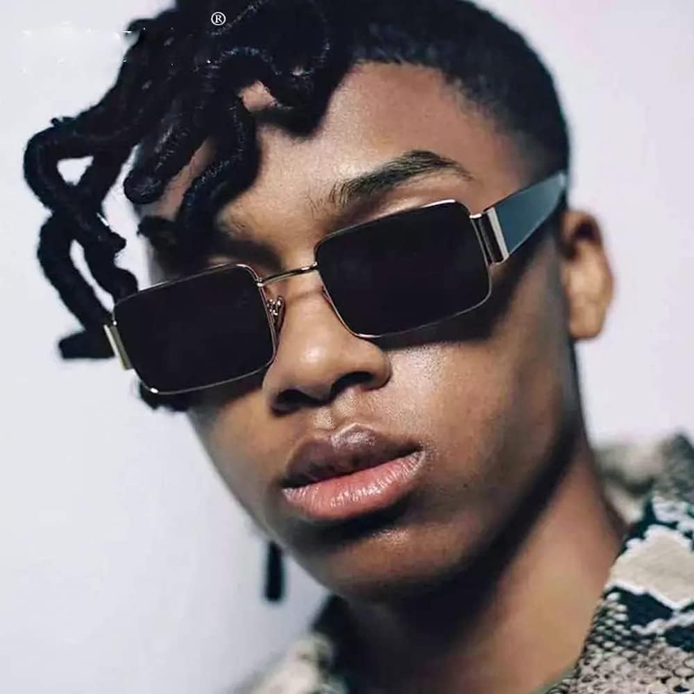 Street Knitted Rectangle Gold Frame Dark Black Tint Hip Hop Sun Glasses Y2K Trendy 90's Retro Fashion Square Shades Unisex Polarized Rectangular Vintage Sunglasses For Men Women - Image 8