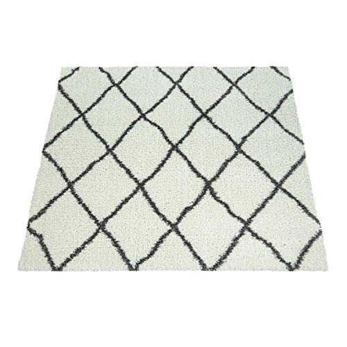 Paco Home Teppich Wohnzimmer Hochflor Schlafzimmer Weich Shaggy Flokati Rauten Skandi Muster Modern Creme Weiß, Grösse:200x290 cm - 9