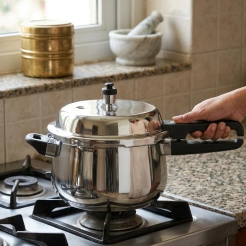 Image of GARUDA NRI Stainless Steel Pressure Cooker with Glass Lid, Handi Shape, Sandwich Bottom, Induction Compatible (2.5 Litres)