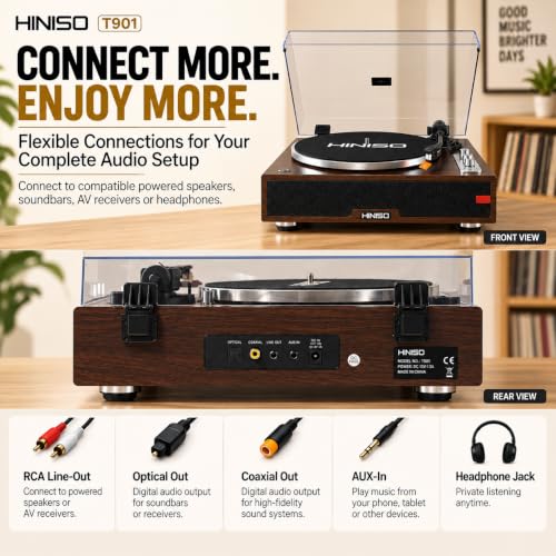 Image of HINISO T901 HiFi Wooden Turntable with Bluetooth in & Out, Built-in Phono Amp & 4 Stereo Speakers | Belt-Drive 33 /45 /78 RPM Vinyl Record Player, AT-3600L Cartridge, Auto-Stop, RCA /Optical /Coaxial Out