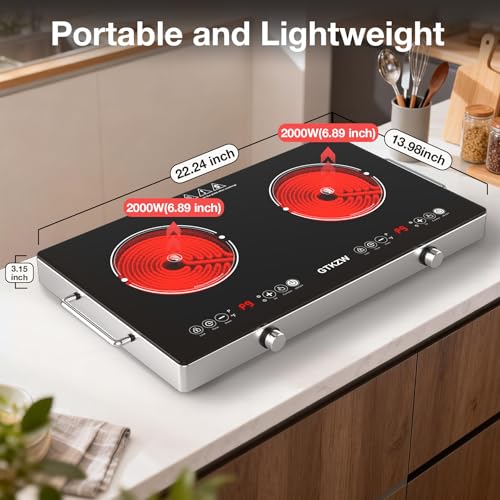 Image of 2400W Electric Cooktop: 24 inch Electric Stove 2 Burner Hot Plate Double Burner, Knob Control Countertop & Built-in, 9 Power Levels, Child Lock, Timer, Suitable for All Pans