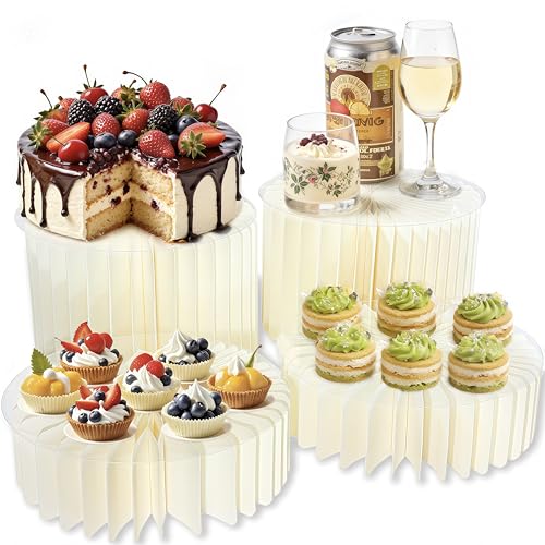 Tel Charme * Lot de 4 présentoirs à gâteaux pliables en carton avec 4 assiettes rondes en PVC – 10 cm et 20 cm de hauteur pour table à dessert, buffet, cupcakes,...