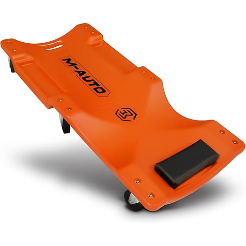 M-AUTO 40" Mechanic Roller Creeper with Padded Headrest, Rolling Creeper with Dual Tool Trays for Garage Shop Auto Work Repair, Light Weight Mechanic Cart, Orange