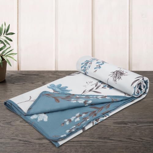Image of HUESLAND 100% Cotton Reversible Dohar Single Bed Cotton | Soft Cambric Weave, All Weather Light AC Blanket | 56 x 89 inches, Floral - White & Blue