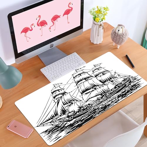 QRFASFZO Tapis de Souris Gaming - 30x80 cm - Tapis de Souris Esports - Ne Glisse jamais - Couverture complète du Bureau - Croquis de Voile Nautique, Un voilier Noir et Blanc d'un Navire Traditionnel – vue 3