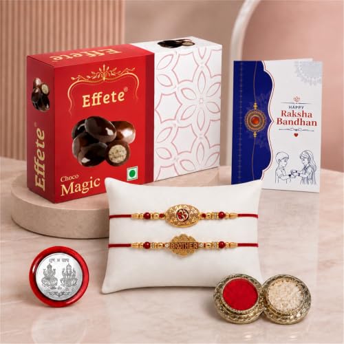 Image of Garth OM, BROTHER Multicolor Rakhi for Brother & Bhaiya with Chocolate Magic 32gm - Raksha Bandhan Gift Set with Roli Tikka, Pooja Coin & Greeting Card | Rakhi Thread for Brother, Pack of 6 (295+296)
