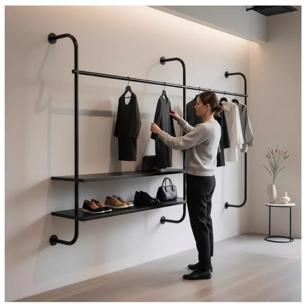 Appendiabiti a tubo industriale con mensole, asta per abbigliamento resistente da parete per casa, lavanderia o negozio al dettaglio