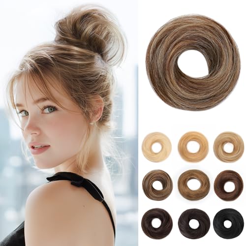 SEGOHAIR - SEGOHAIR 17G Haarteile Echthaar Mit Gummiband Unordentlicher Dutt Donut Accessoire Gerades Haar Für Damen Mittelbraun/Dunkelblond Duttformer Echtes Remy Haar Hochsteckfrisuren Chignon