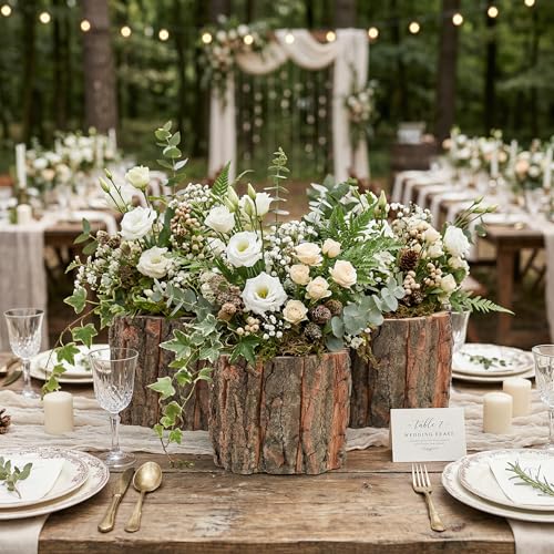 Image of Wooden Vase for Centerpieces, 6 Pack Wood Flower Vase Rustic Tree Stump Planter Pots, Wooden Bark Flower Bucket for Wedding Farmhouse Christmas Table Decor, Round Bark Stump Pots - 3.6x3.6x3 inch