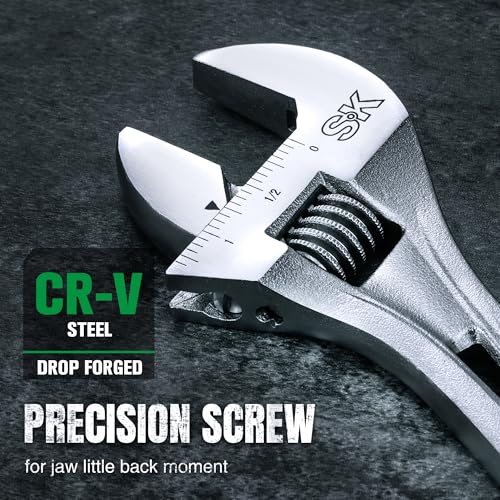 Image of SK 8-Inch Adjustable Wrench, 1-1 /4 inch Jaw Capacity, SAE&Metric Scales | X-Frame Handle, Precision Jaw, Heat Treated CR-V Steel, Chrome-Plated Rust Resistant Finish