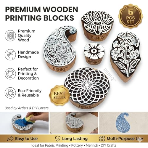 Image of RENIQ Wooden Printing Block for Fabric & DIY Craft | Handcrafted Indian Design Stamp for Textile, Pottery, Mehndi & Home Decor (Multicolor15)