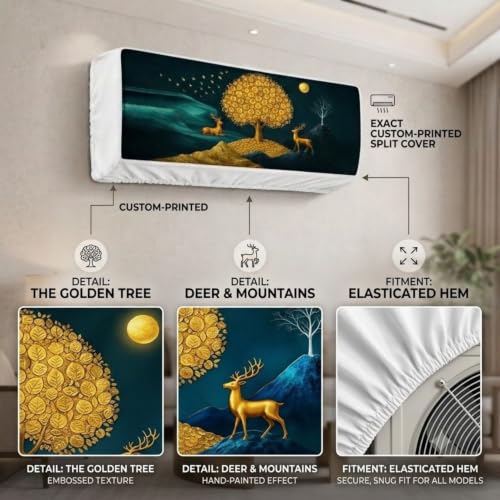 Image of Printed AC Cover for Indoor Split AC 1.5 Ton (Golden Deer New) | Air Conditioning Dust Cover, Folding Designer, 97 x 31 x 21.5cm