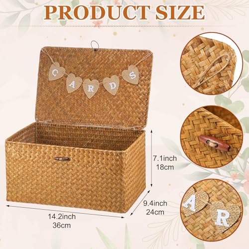 Image of Geelin Sea Grass Wedding Card Basket With Letter Flag Decorative Wedding Card Woven Post Box Suitable For Baby Showers Birthdays Graduation Ceremonies Bridal Showers(14 Inch,Natural Color)