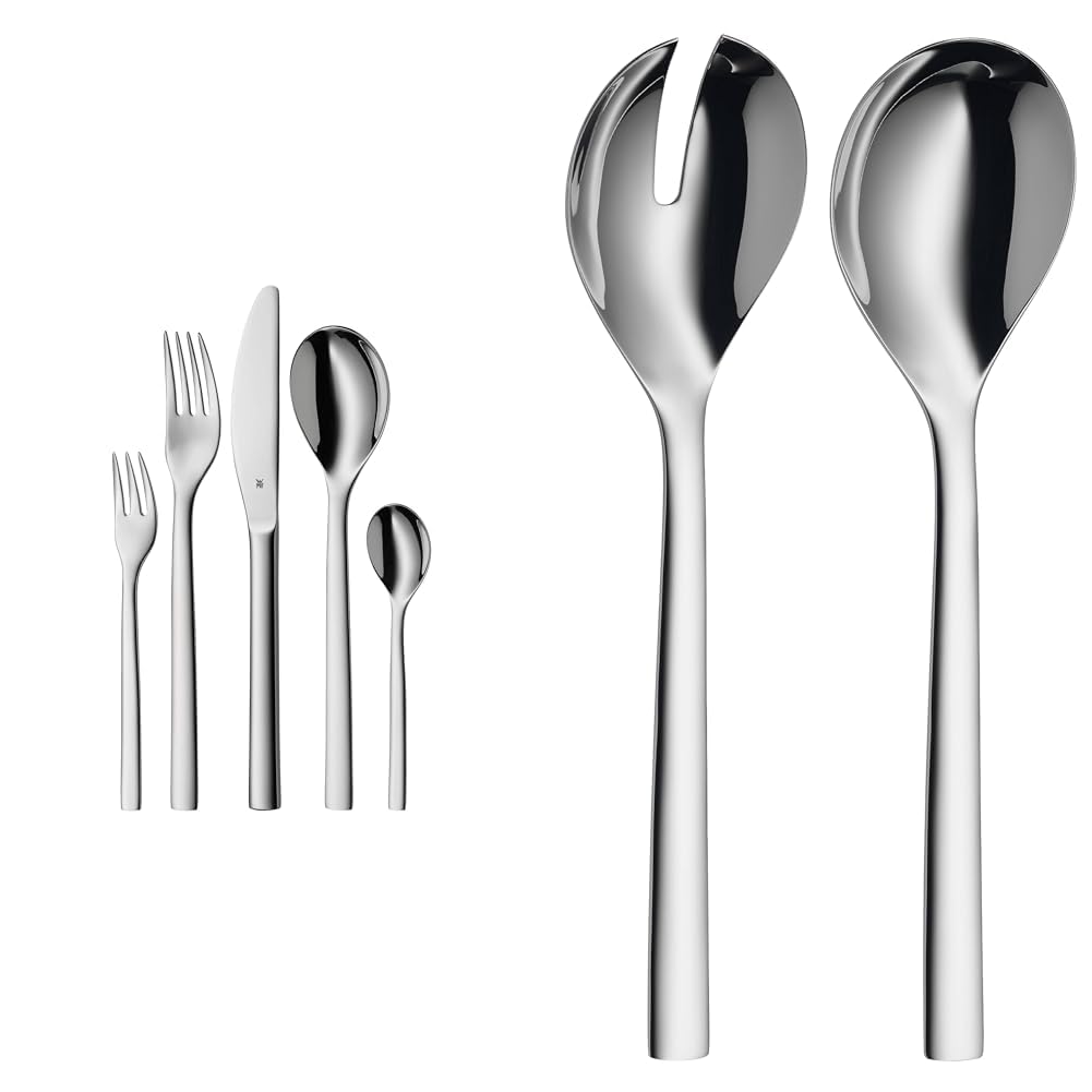 WMF Atria Besteck Set 12 Personen, Essbesteck 60 teilig & Nuova Salatbesteck Edelstahl 25 cm, Salatgabel, Servierlöffel, Cromargan Edelstahl poliert, glänzend, spülmaschinengeeignet
