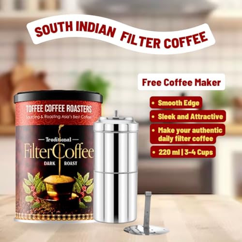 Image of Toffee Coffee Roasters South Indian Filter Coffee (200 Gms) + Free Filter Coffee Maker (400Ml, 6-8 Cups) | As Seen On Shark Tank | Specialty Blend | Traditional Dark Roast Signature Filter Coffee, Can
