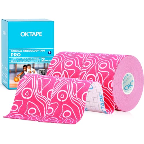 OK TAPE PRO Kinesiology Tape 2inch x Long Roll 16ft Free Cut Tape Elastic Athletic Tape Therapeutic Latex Free 2 Rolls Pink+White