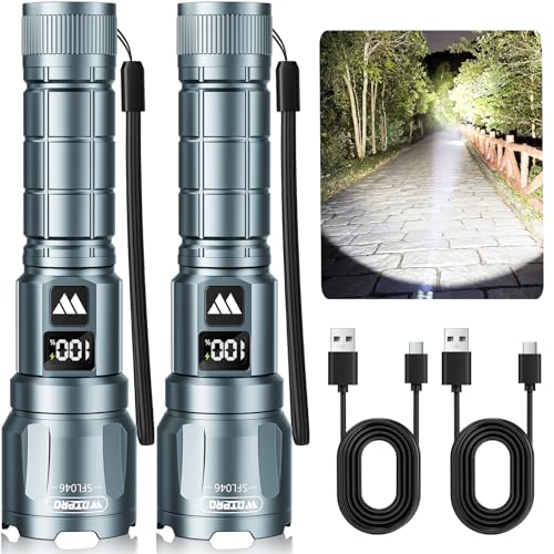 WdtPro LED Rechargeable Flashlight 2 Pack, Super Bright Zoomable 6000 Lumens Tactical Flashlight with LCD Digital Display, 3 Mode Waterproof Flash Light for Camping, Hunting & Home Emergency - Grey